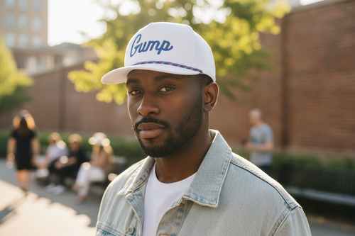 African American male model wearing blue Gump hat