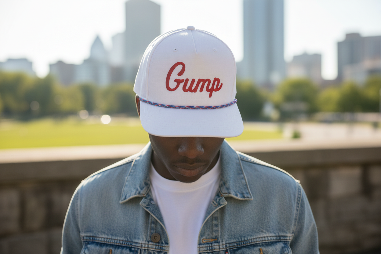 African American male model wearing red Gump hat