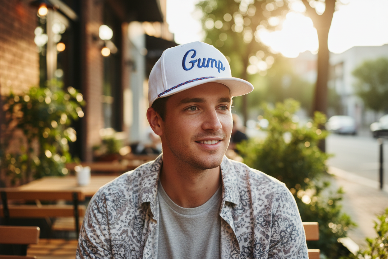 Model wearing blue Gump hat