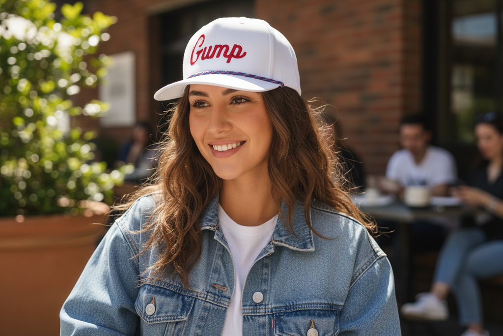 Model wearing red Gump hat