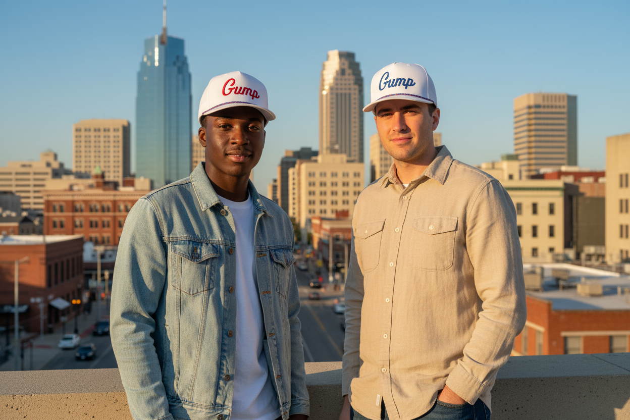 Two models wearing Gump hats with Montgomery AL skyline